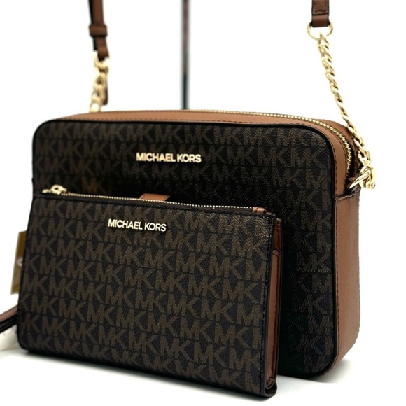 Michael Kors Large EW Crossbody Bag & Large Double Zip Wallet Brown - Picture 1 of 13